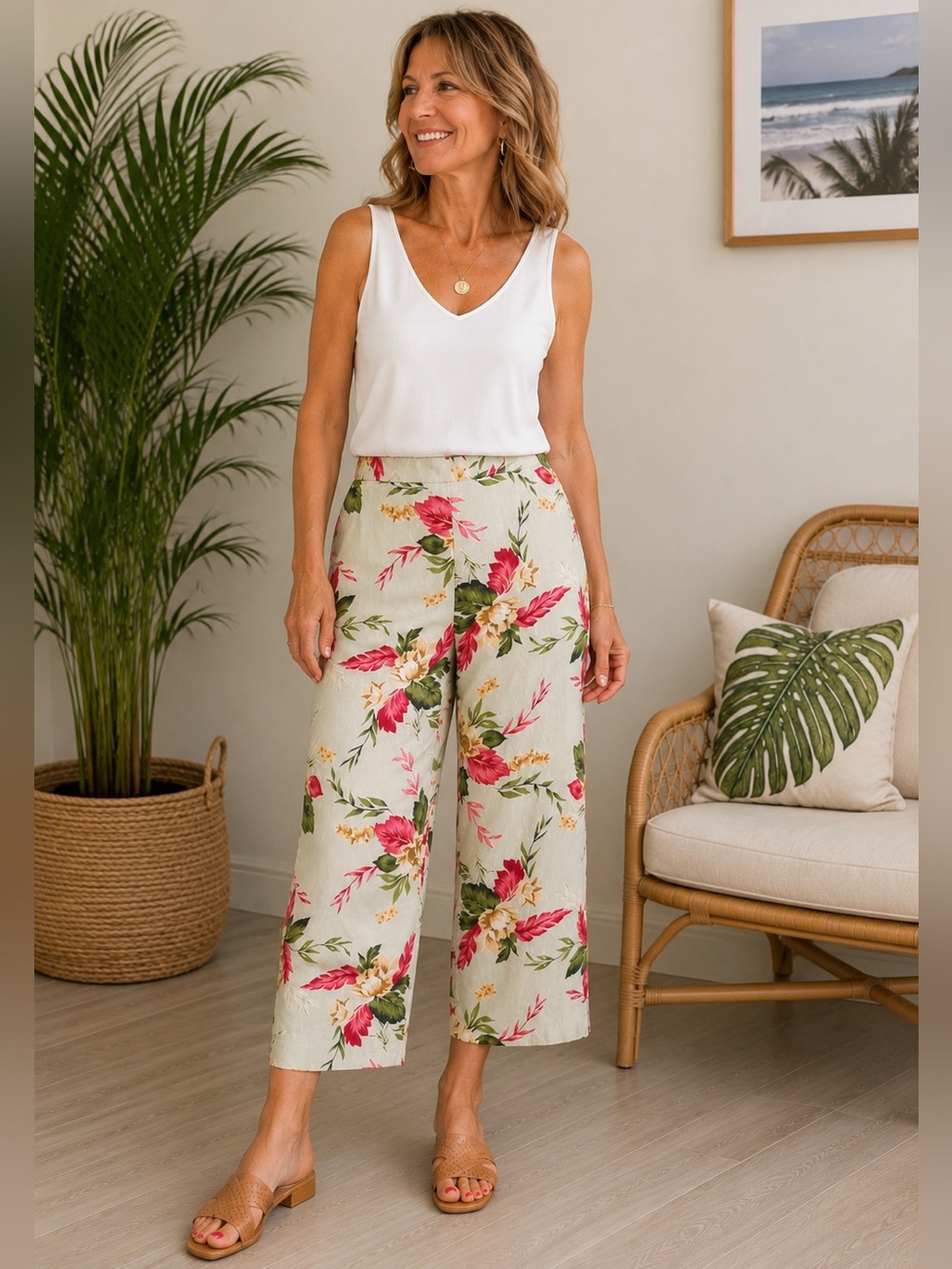 Silk Floral Pants 14 Tropical Botanical Resort Vacation Coastal High Rise Crop